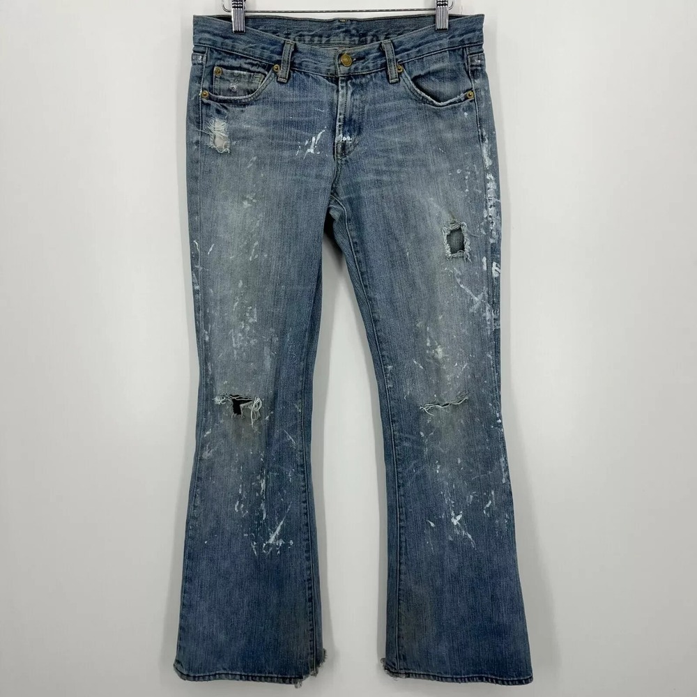 7 For All Mankind Flare Jeans 29 Blue Distressed Paint Splatter Vtg Y2K